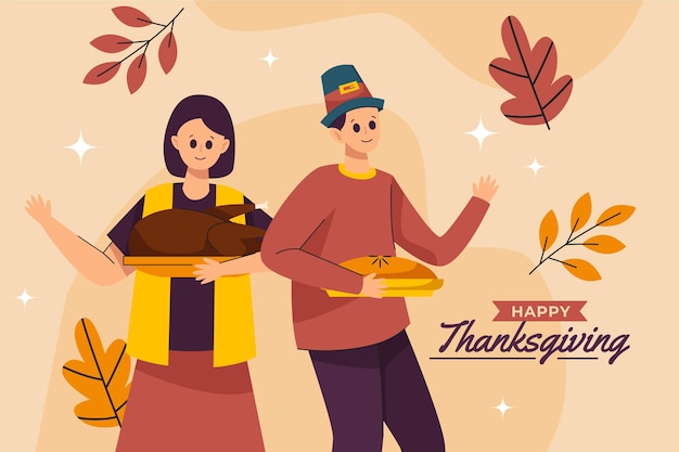 Gratis vector handgetekende vlakke afbeelding van mensen die thanksgiving vieren