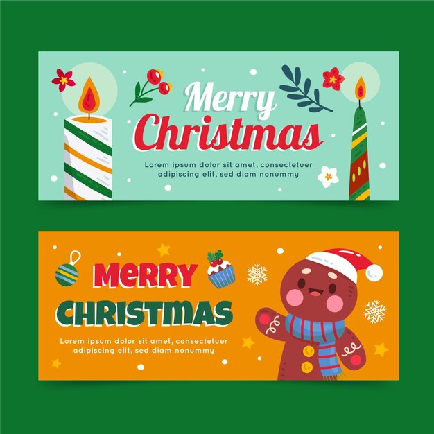 Handgetekende vlakke horizontale kerstbanners set