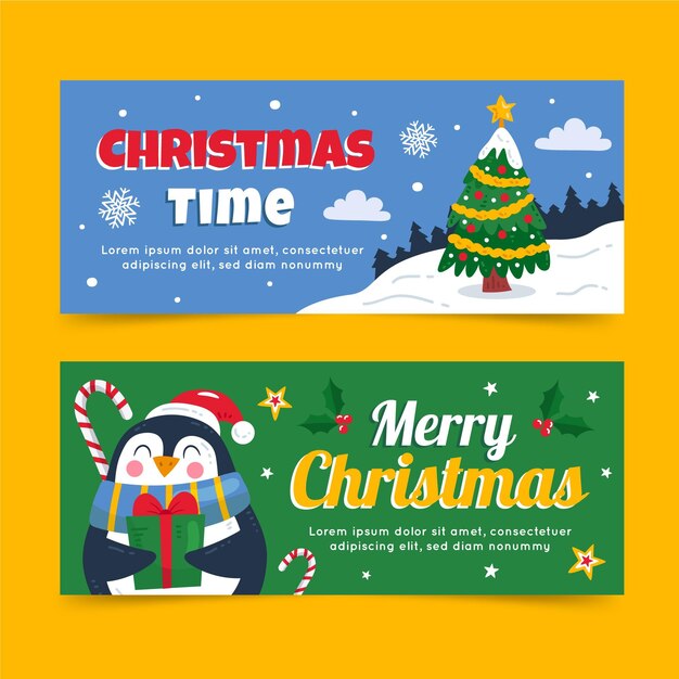 Handgetekende vlakke horizontale kerstbanners set