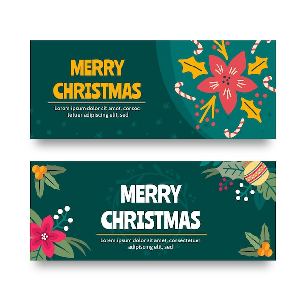 Handgetekende vlakke horizontale kerstbanners set