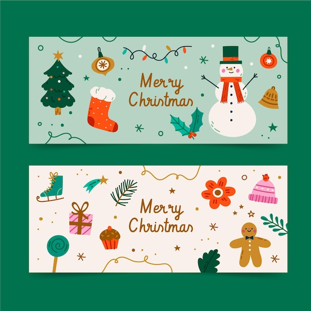 Handgetekende vlakke horizontale kerstbanners set