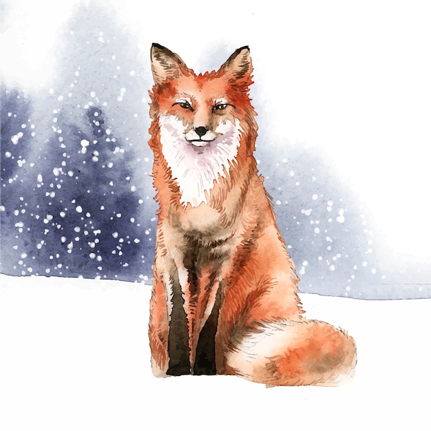 Handgetekende vos in de sneeuw aquarel stijl