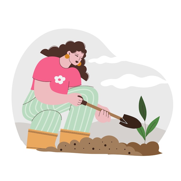 Handgetekende vrouw die boomillustratie plant