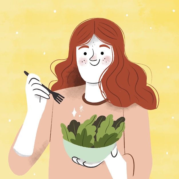 Handgetekende vrouw die salade illustratie eet