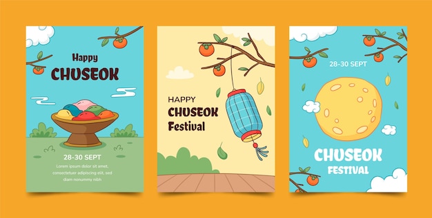 Gratis vector handgetekende wenskaartencollectie voor de koreaanse chuseok-festivalviering