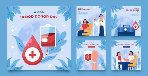 Gratis vector handgetekende wereld bloeddonor dag instagram posts collectie