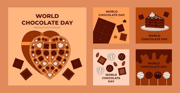 Gratis vector handgetekende wereld chocolade dag instagram posts collectie