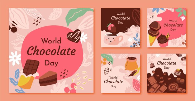 Handgetekende wereld chocolade dag instagram posts collectie