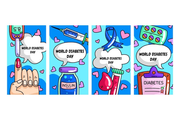 Gratis vector handgetekende wereld diabetes dag instagram verhalencollectie