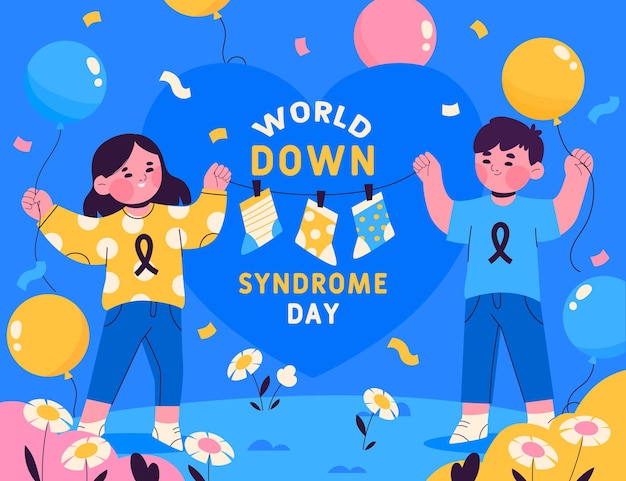 Handgetekende wereld down syndroom dag illustratie met kinderen en ballonnen