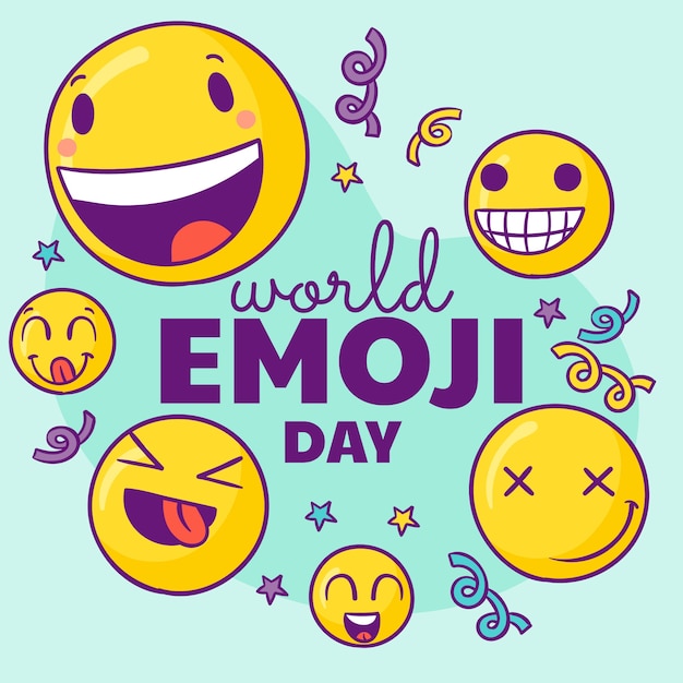 Handgetekende wereld emoji dag illustratie met emoticons