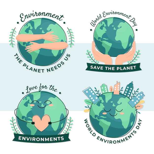 Gratis vector handgetekende wereld milieu dag labels collectie