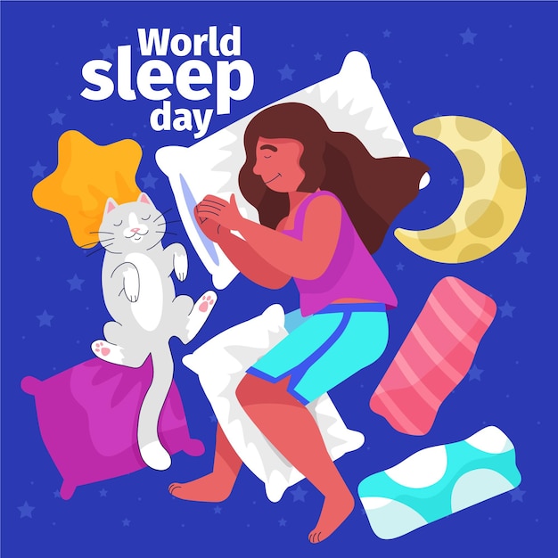 Gratis vector handgetekende wereld slaap dag illustratie met slapende vrouw en kat