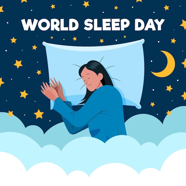 Gratis vector handgetekende wereld slaap dag illustratie met vrouw rusten