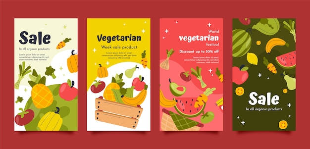 Gratis vector handgetekende wereld vegetarische dag instagram verkoop berichten collectie