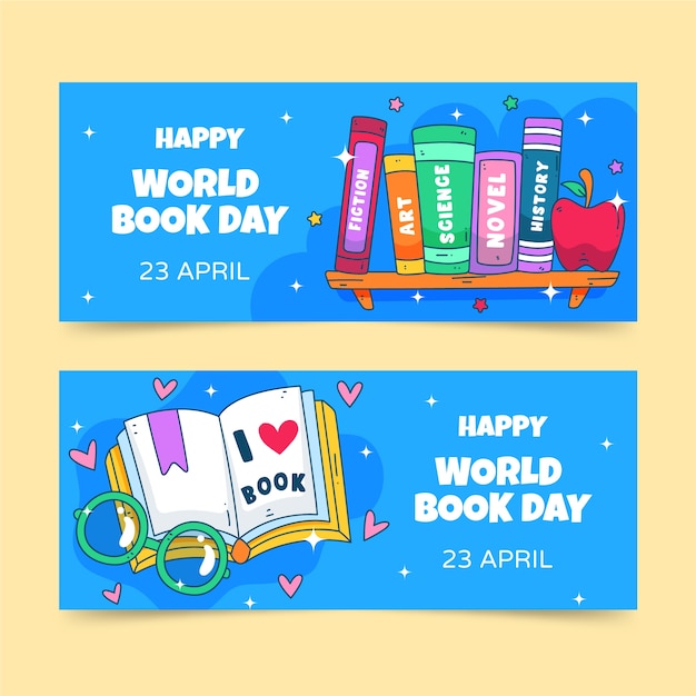 Handgetekende wereldboek dag horizontale banners set