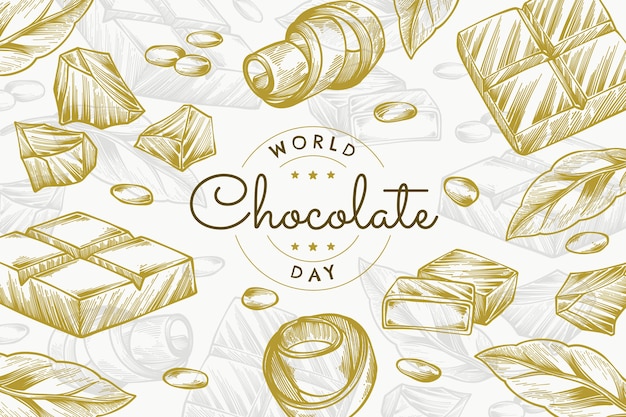 Handgetekende wereldchocoladedagachtergrond met chocolade en cacaobladeren