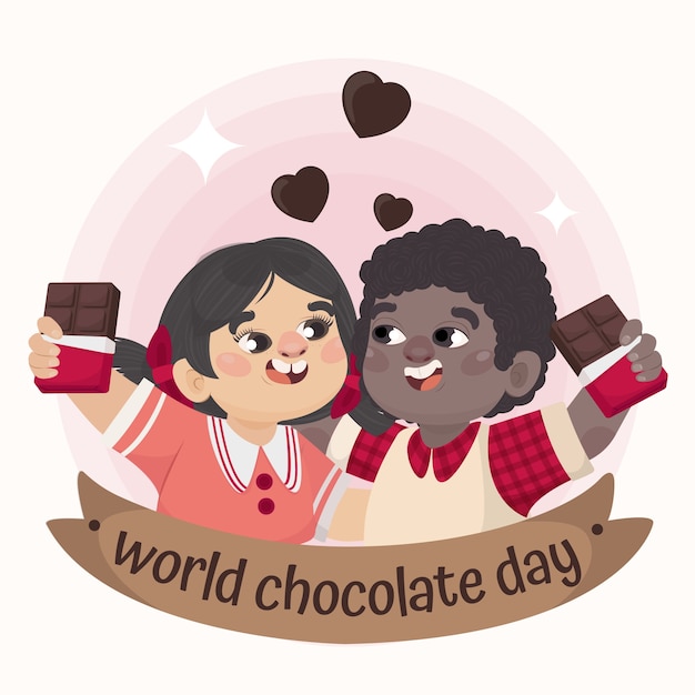 Handgetekende wereldchocoladedagillustratie met chocolade en kinderen