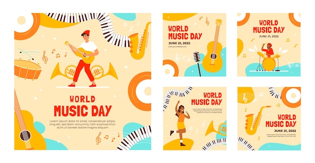 Gratis vector handgetekende wereldmuziekdag instagram postcollectie