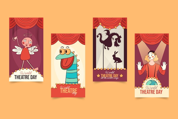 Gratis vector handgetekende wereldtheaterdag instagram verhalencollectie