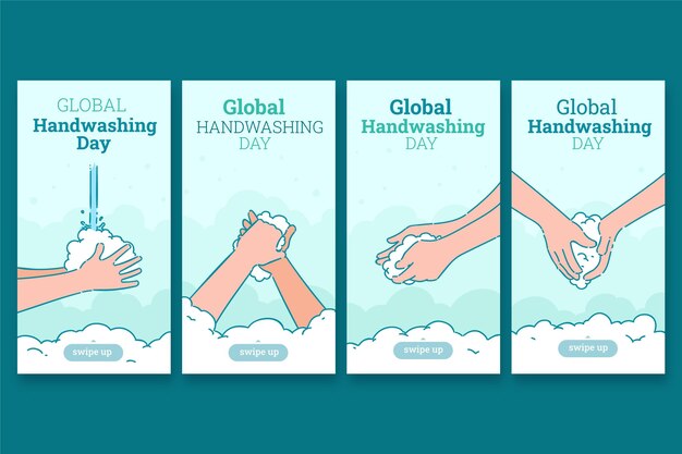 Gratis vector handgetekende wereldwijde handwasdag instagramverhalencollectie