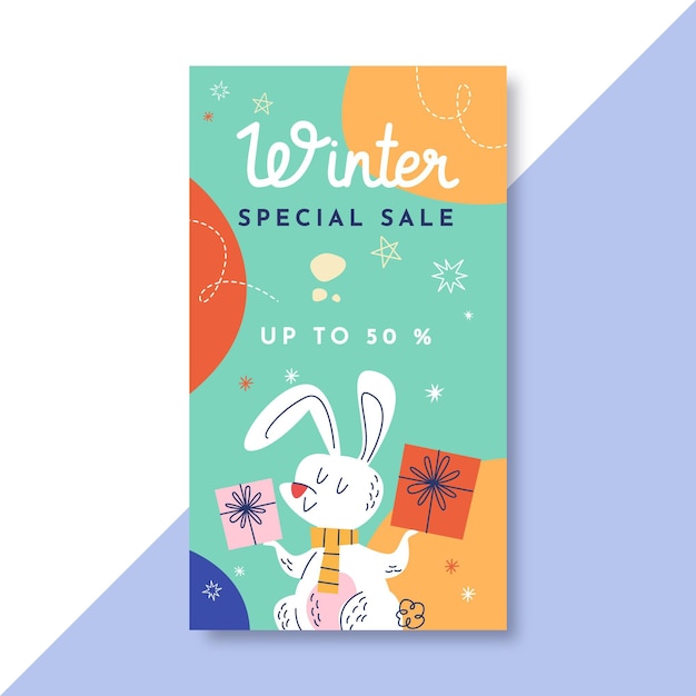 Handgetekende winter instagram verhaalsjabloon met konijn