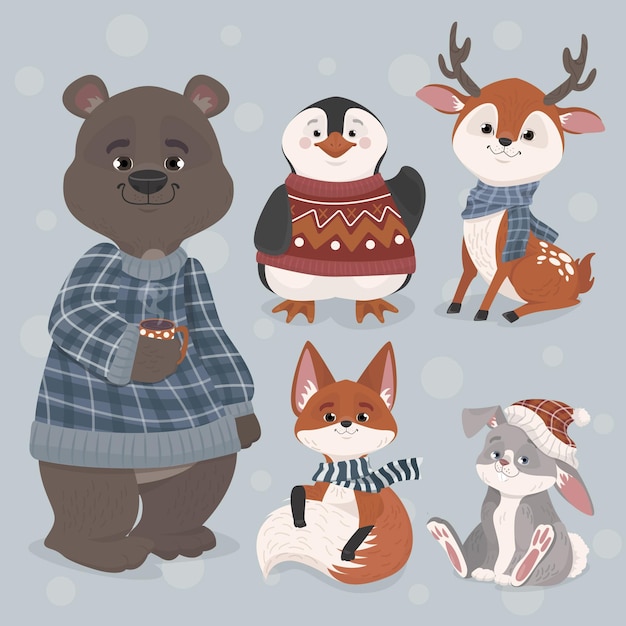 Gratis vector handgetekende winterdierencollectie