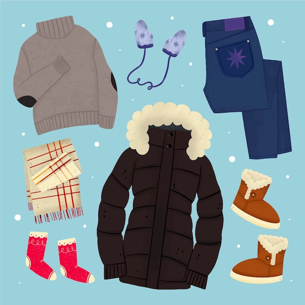 Gratis vector handgetekende winterkleding en essentials-collectie