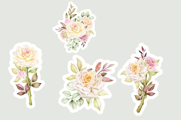 Handgetekende witte roos boeket en tak bloemen sticker illustratie