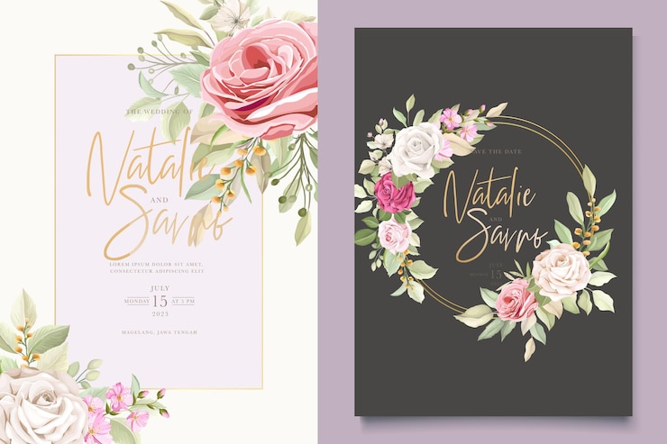 Gratis Vector handgetekende zachte rozen bruiloft uitnodigingskaarten set