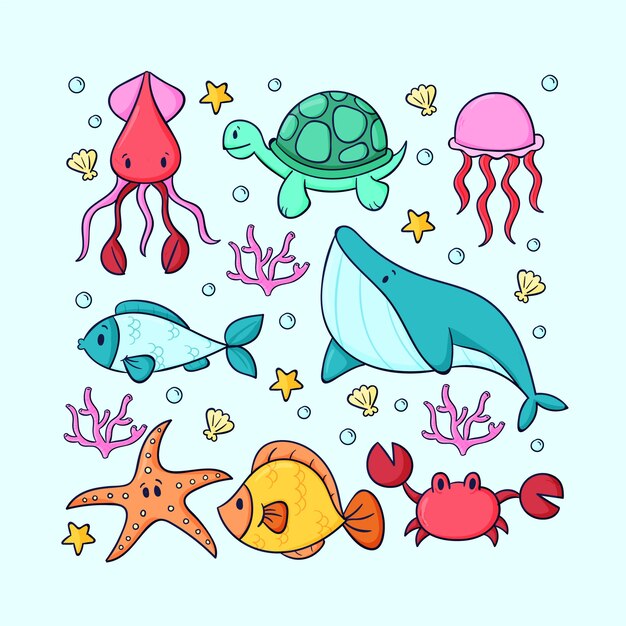 Handgetekende zeedieren collectie