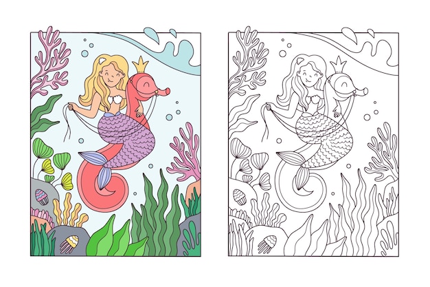 Handgetekende zeemeermin kleurboekillustratie