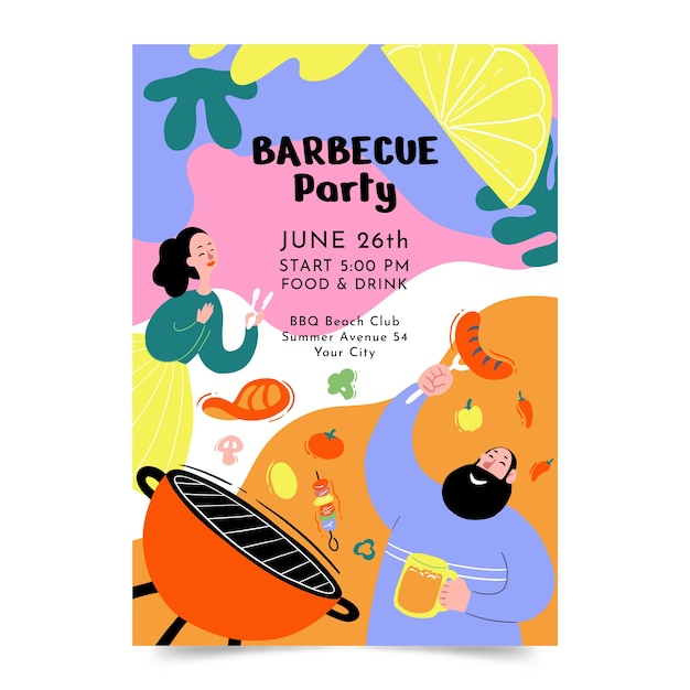 Handgetekende zomer bbq-postersjabloon