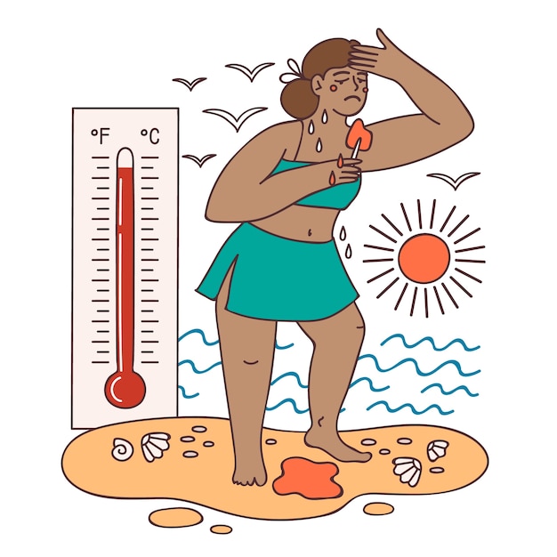 Gratis vector handgetekende zomerhitteillustratie met persoon en thermometer