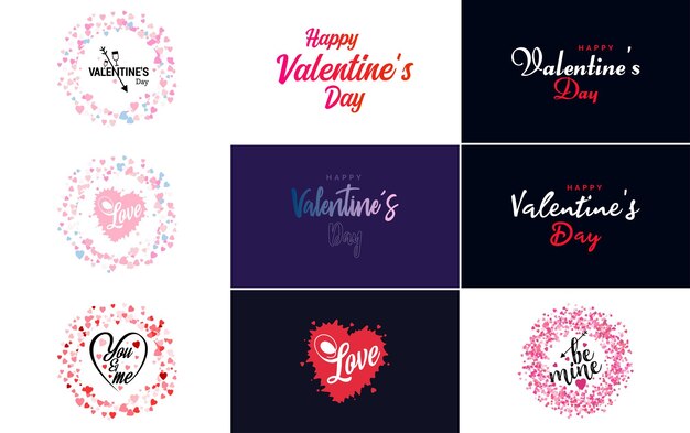 Handgetekende zwarte belettering Valentijnsdag en roze harten op witte achtergrond vectorillustratie geschikt voor gebruik in het ontwerp van kaarten banners logo's flyers etiketten pictogrammen badges en stickers