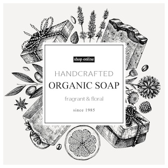 Handsketched soap frame design aromatische ingrediënten templfor cosmetica parfumerie zeep