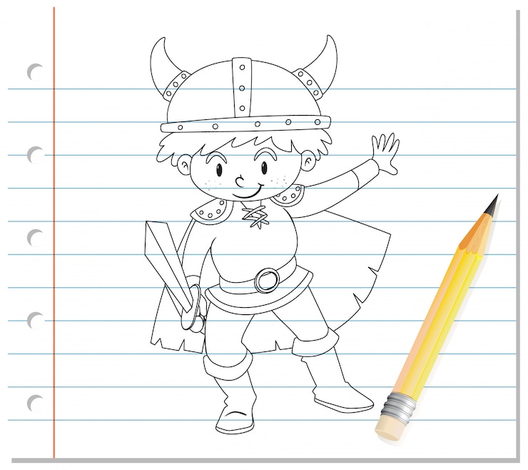 Gratis Vector handtekening van jongen in het overzicht van het ridderkostuum