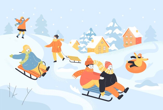 Happy cartoon kinderen glijden heuvelafwaarts op sleeën. Sneeuw vallen, kinderen hebben plezier tijdens het sleeën naar beneden dia platte vectorillustratie. Winteractiviteiten of vakanties, kinderconcept voor banner