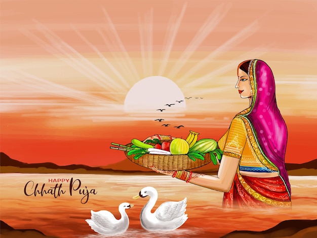 Gratis vector happy chhath puja indiase religieuze festival elegante achtergrond vector