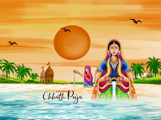 Happy chhath puja rivier baden indiase festivalviering achtergrond vector