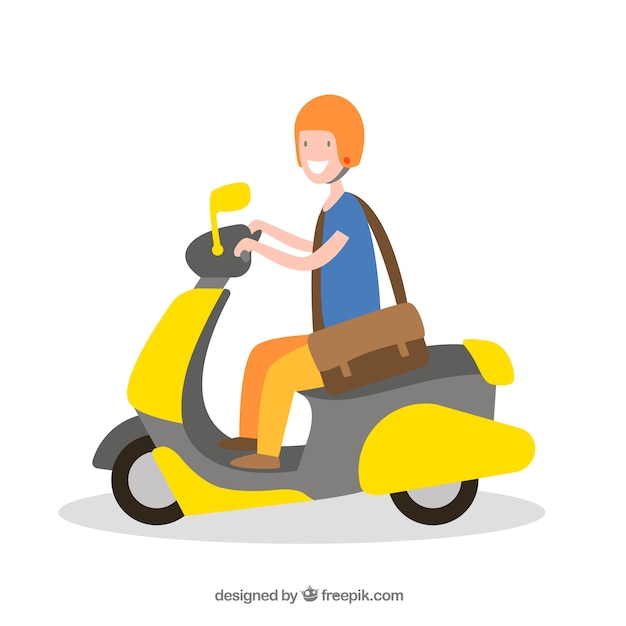 Gratis vector happy delivery man met tas op scooter