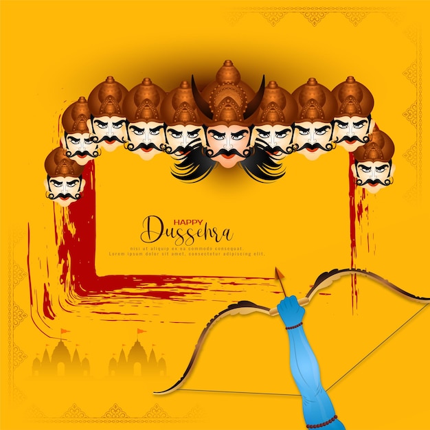 Happy dussehra traditionele indiase festival gele kaart met tienkoppige ravana-ontwerp