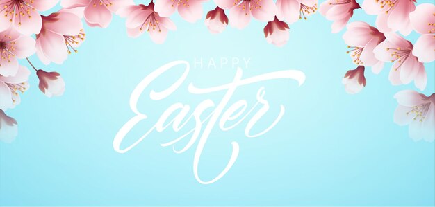 Happy Easter handschrift letters op achtergrond met bloeiende lente kersen tak. Vector illustratie Eps10