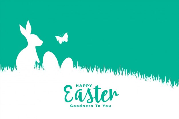 Happy Easter vlakke stijl kaart met konijn op gras