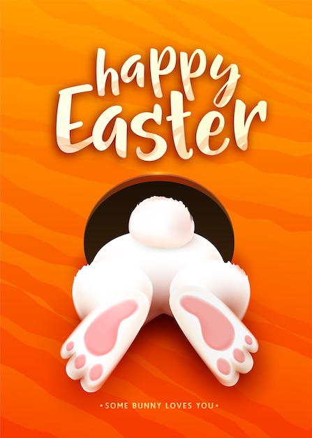 Gratis vector happy easter wenskaart met grappige cartoon witte paashaas ezel, voet, staart in het gat. viering vakantie belettering tekst.