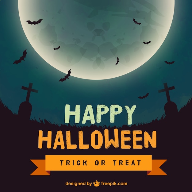 Gratis vector happy halloween achtergrond met een grote maan