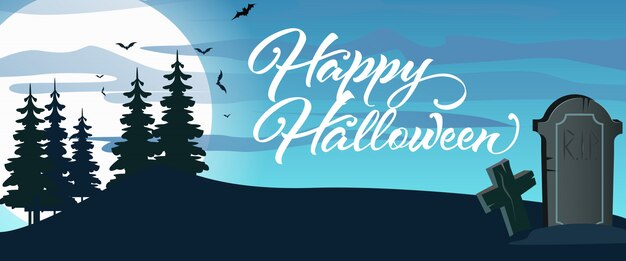 Happy Halloween belettering met begraafplaats, maan en bos