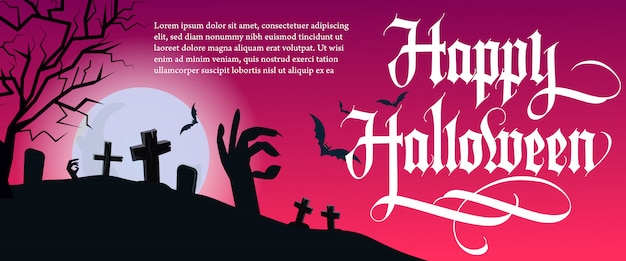 Happy Halloween belettering met boom en begraafplaats