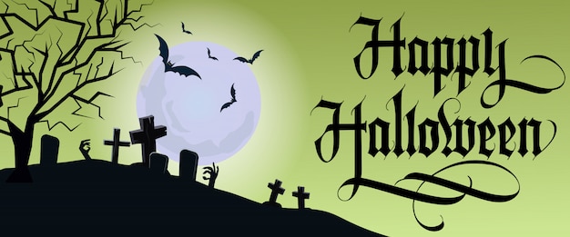 Gratis vector happy halloween belettering met maan en kerkhof