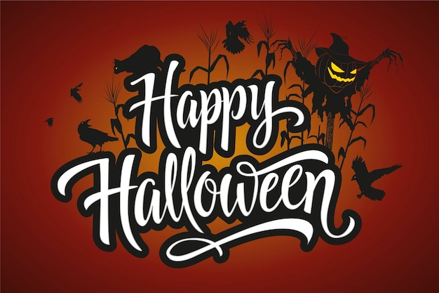 Happy halloween belettering met vogelverschrikker